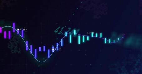 Obraz premium Displaying market chart on dark grid, showing cyan pink candlesticks, neon trend, markers