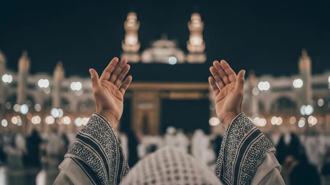 Muslims Praying in Front of the Kaaba at Night in Mecca.