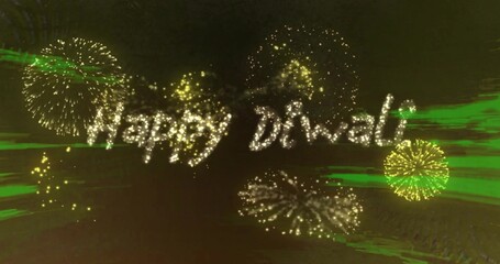 Sparkling 'Happy Diwali' scripted text glowing across dark night sky, with golden fireworks