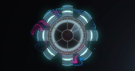 Fototapeta premium Displaying HUD pulsing on black gradient, with concentric rings, panels, cyan-magenta waveforms