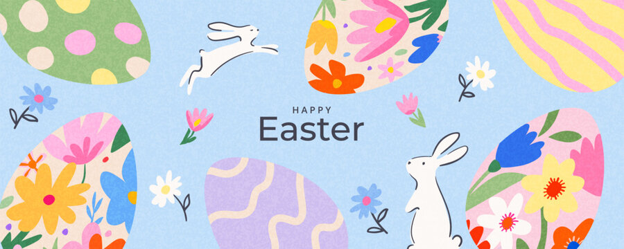 Happy Easter banner, horizontal poster, greeting card, header for website. Trendy Easter design with typography, hand drawn pattern with Easter eggs, spring flowers and Easter bunny. Modern art style.