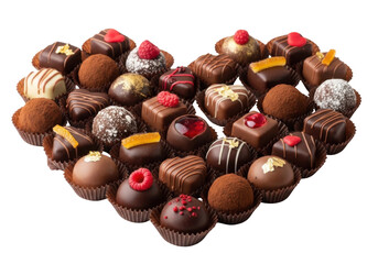 A heart-shaped arrangement of assorted chocolates and candies isolated on transparent background