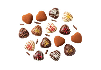 Assorted chocolates arranged in a circular pattern on a white background isolated on transparent background