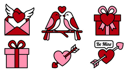 Valentines Day Love Sticker Set Hearts Birds Gift Box Romance Symbols Cute Greeting Design Romantic Elements flat vector illustration