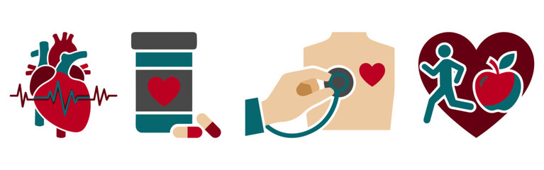 Cardiology healthcare medical heart checkup healthy lifestyle medicine bottle ECG stethoscope doctor examination cardiovascular wellness icon collection Flat vector illustration