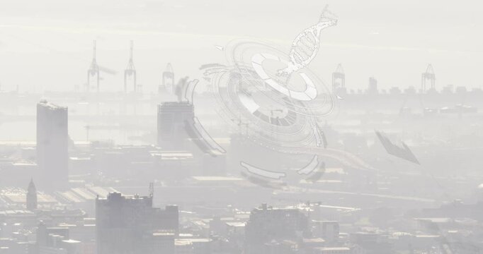 Mist revealing multi-ring holo, rings forming and rotating as helix rising, visualizing port data