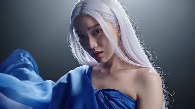 Elegant Woman in Blue Dress with Flowing Fabric.