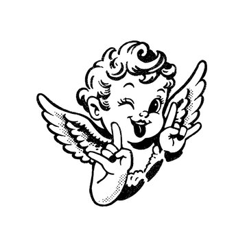 A cute cherub angel sticks out the tongue and makes a rock hand gesture expressing humor rebellion music attitude and playful innocence in a rvintage illustration style.