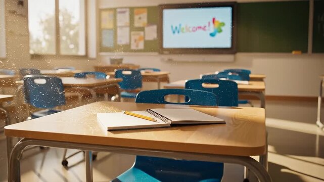 Empty Classroom with Desks and Chalkboard.