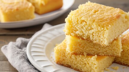 Delicious golden cornbread squares stacked on a white plate. The cornbread has a fluffy texture and a slightly crispy top, perfect for serving with meals.
