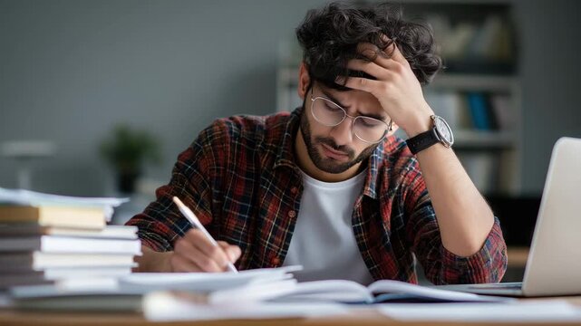 Indian student studying in library, exam preparation. education pressure, concentration, exams, and academic challenges.