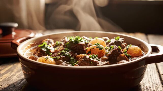 Savory beef stew cooking process kitchen food photography cozy environment close-up view comfort concept