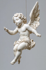 White Cherub Statue Suspended, Classical Angelic Putto Sculpture