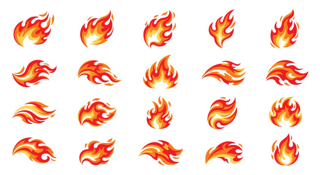  collection of diverse fire flame icons representing heat, energy, passion, and danger, perfect for graphic design, web, and digital applications, presented in a vector format