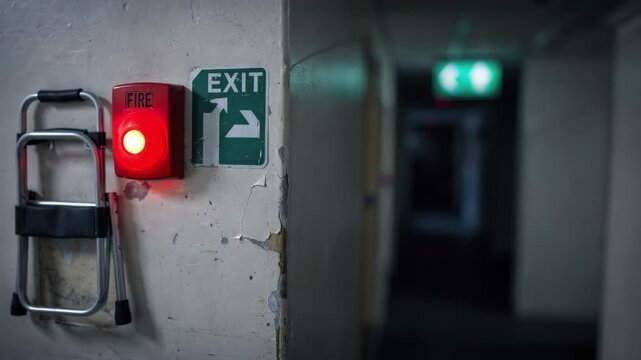 Closeup of a fire alarm button sharply focused with dimly lit evacuation chair and exit route out of focus in a nighttime fire safety inspection scene.
