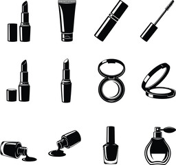 Obraz premium A set of black and white vector icons depicting various makeup products
