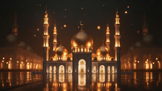 Symmetrical view of a glowing grand mosque at night with golden domes and lights