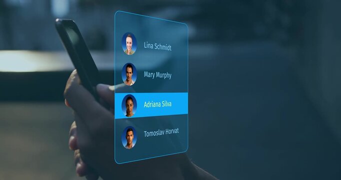 Female hand holding phone, scrolling, cycling holo contacts, landing on Mary Murphy for tech demo