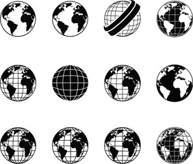 Obraz premium A set of black and white vector globe icons on a plain background