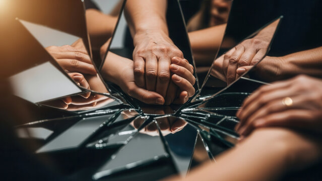 Hands reaching for each other through broken mirror pieces, emotional connection, abstract composition, copy space
