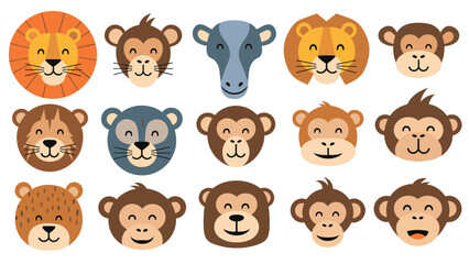 Fototapeta premium Large grid of friendly animal face icons featuring lions, monkeys, and other wild creatures in a warm and colorful graphic style.