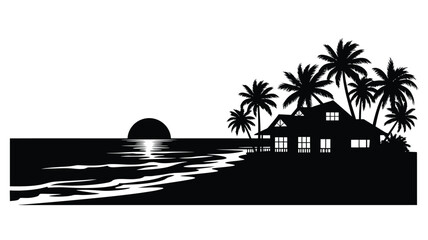 tropical beach house with palm trees and a sunset a striking silhouette © PAKE