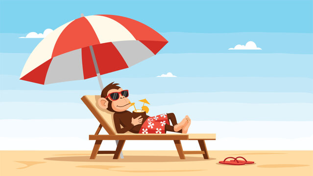 Relaxed monkey lying on a sun lounger at the beach under a red and white umbrella while drinking a coconut cocktail.