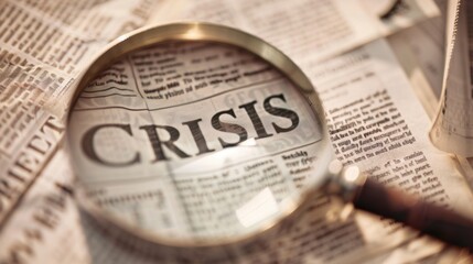 A magnifying glass focuses on the word 'CRISIS' printed in bold on a newspaper. The background features various text and articles, emphasizing urgency and concern.