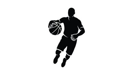 a black silhouette of a basketball player dribbling the ball in motion © PAKE