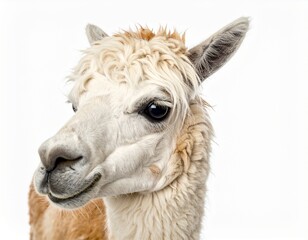 Fototapeta premium Alpaca Side Profile Portrait Isolated on White Background