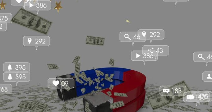 Falling bills starting red-blue magnet pulling cash into gap while social icons rising showing ROI