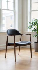 Fototapeta premium Stylish wooden chair with leather seat in modern interior, bright space with natural light, copy space