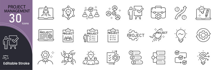 Project Management related icon collections. Containing Project, Management, Planning, Teamwork, Deadline, Task, Strategy, Goal, Progress, and Collaboration icons. Editable Stroke .  © khansa