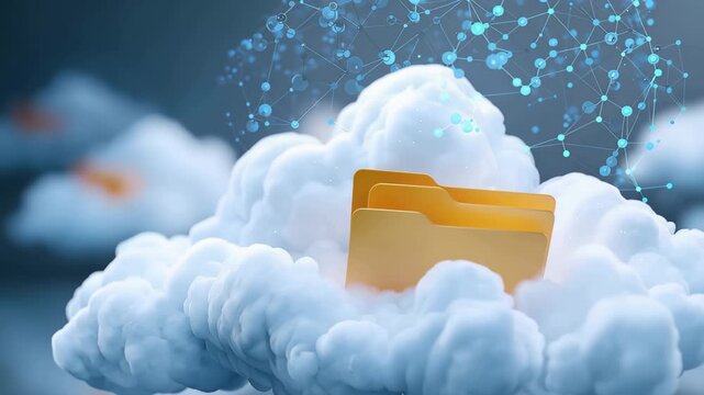 Cloud computing technology representing data storage and online access in a digital space with folders emerging from a cloud background