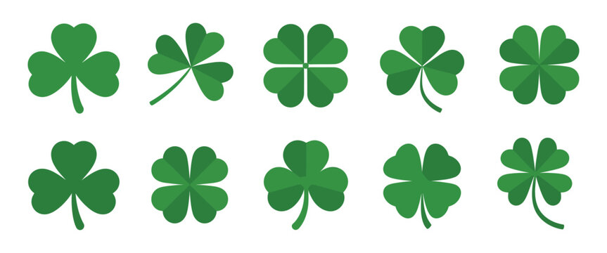 Clover Shamrock Icons nine vibrant green three-leaf and four-leaf designs, vector illustration for holidays, logos, apparel, and invitations.