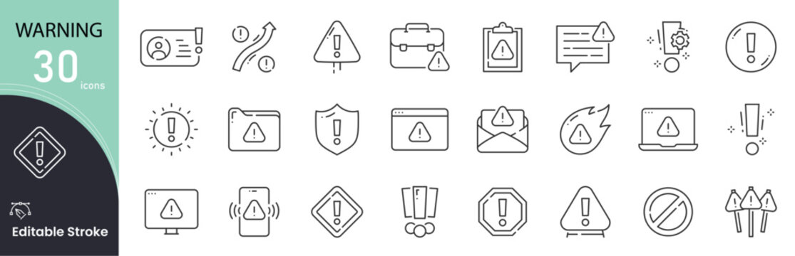 Warning related icon collections. Containing Warning, Alert, Caution, Danger, Error, Notification, Exclamation, Hazard, Attention, and Signal icons. Editable Stroke .