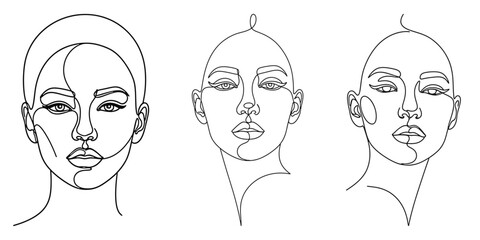 Set of continuous one line drawing bald woman faces. Minimalist diverse beauty portraits sketch on white background. Alopecia and cancer awareness vector bundle.