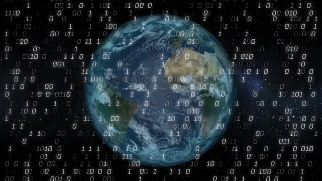 Planet Earth rotating while binary appearing and cascading, obscuring globe and showing data flow