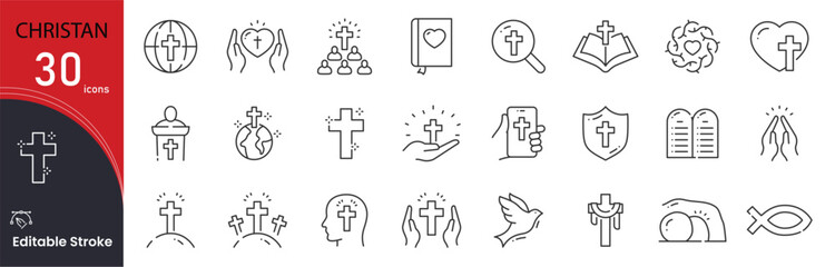 Naklejka premium Christian related icon collections. Containing Cross, Bible, Church, Prayer, Faith, Worship, Angel, Dove, Halo, and Candle icons. Editable Stroke.