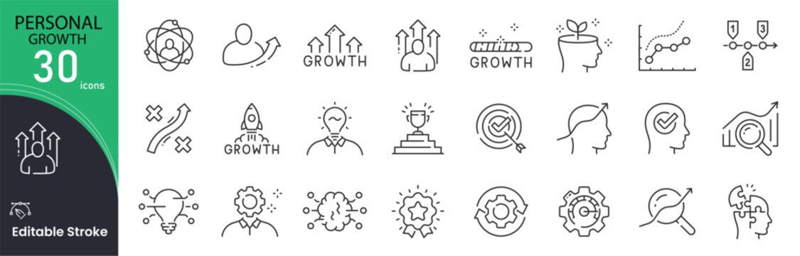 Personal Growth related icon collections. Containing Personal, Growth, Success, Development, Improvement, Goal, Achievement, Motivation, Progress, and Self-Improvement icons. Editable Stroke.