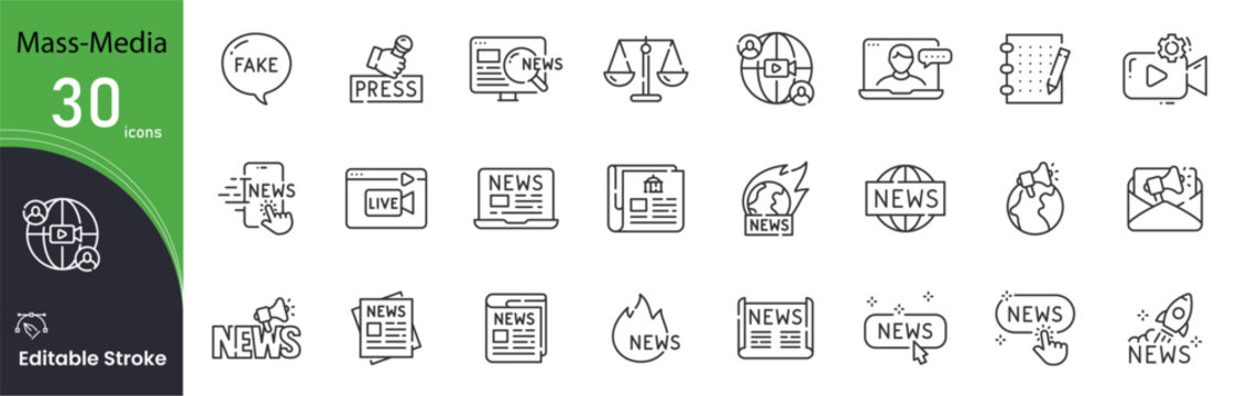 Mass Media related icon collections. Containing Mass Media, Broadcast, News, Communication, Television, Radio, Newspaper, Microphone, Media, and Journalism icons. Editable Stroke.  