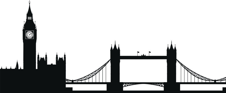 London landmarks silhouette, Big Ben illustration, Tower Bridge artwork, British heritage design, UK travel icon, cultural architecture vector composition