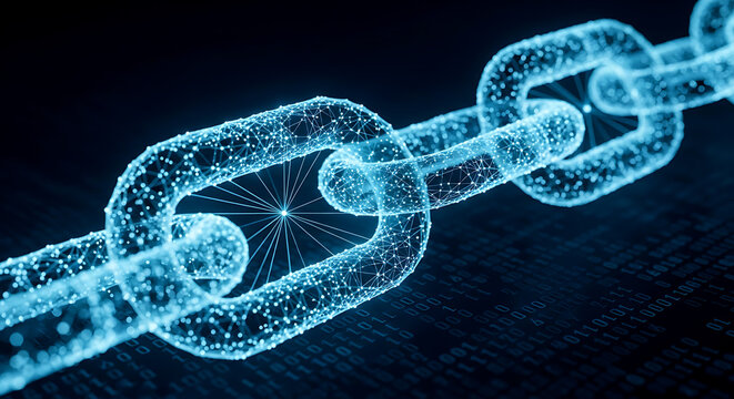 Blockchain link in futuristic neon blue with glowing particles on dark binary code background for technology