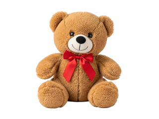 Obraz premium Soft brown teddy bear with red bow tie sitting on transparent background isolated