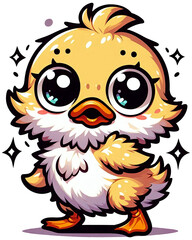 A cute cartoon duckling with big eyes, yellow and white feathers, and an orange beak, standing proudly