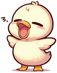 A cute cartoon duckling with its eyes closed and a wide smile, its mouth open, laughing happily, and its wings spread