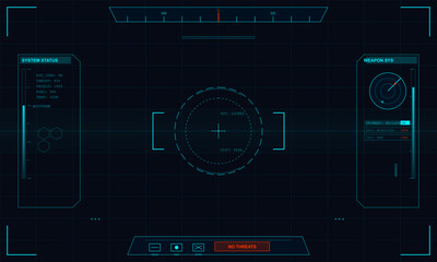 A futuristic digital heads-up display interface featuring a central targeting reticle, system status monitors, weapon systems data, and a navigation compass on a dark grid background.
