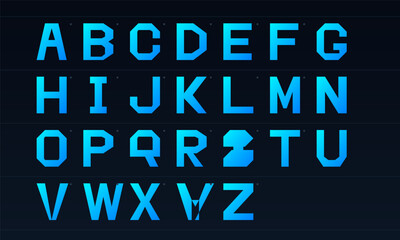 This image displays a full set of uppercase English alphabet letters in a futuristic geometric style with a vibrant blue gradient against a dark navy background.