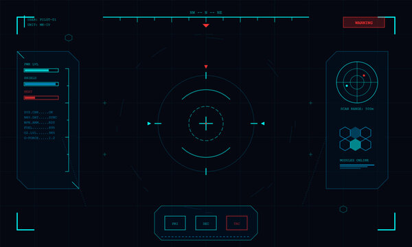 This digital heads-up display interface includes a central targeting reticle, radar scan, and status bars for power and heat levels against a dark blue grid background.
