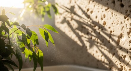 Fine water mist gently sprays vibrant green eucalyptus leaves illuminated by bright sunlight creating a fresh and tranquil indoor gardening scene.